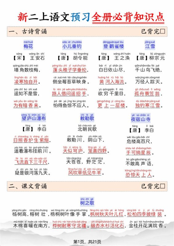 【21页完整版】26秋新二上语文预习全册必背知识点.pdf-高考之家