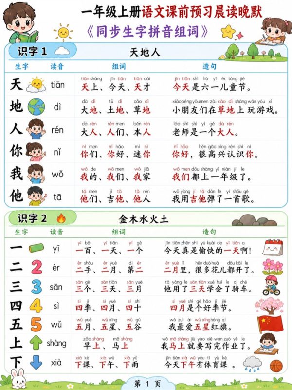 【40页高彩版】26秋一年级（上）语文课前预习生字拼音组词造句.pdf-高考之家