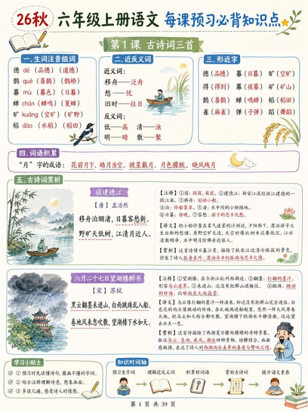 【39页高彩版】26秋六年级上册语文 每课预习必背知识点.pdf-高考之家