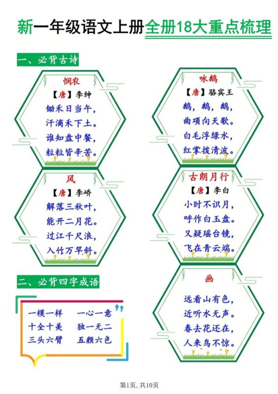 【10页完整版】26秋一年级语文上册《全册18大重点梳理》.pdf-高考之家