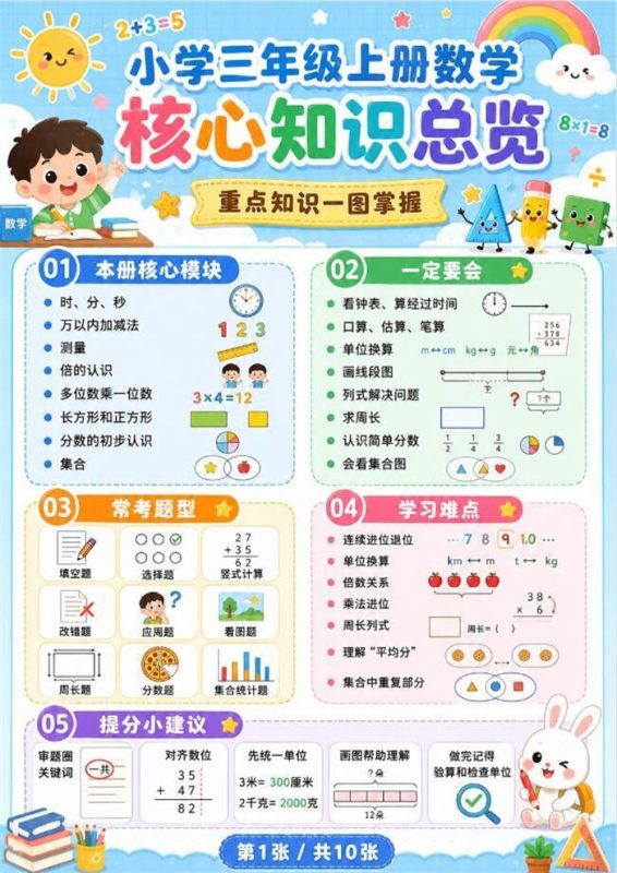 【10页高彩版】26秋小学数学三年级上册知识点总结和学习技巧.pdf-高考之家