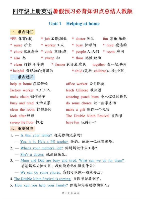 【12页完整版】26秋四年级(上)英语 暑假预习必背知识点总结《PEP版》.pdf-高考之家
