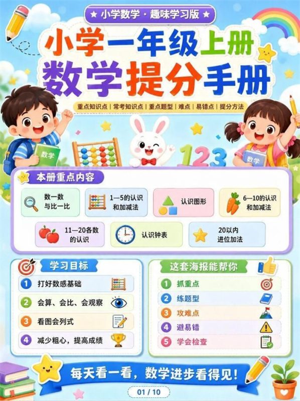 【10页高彩版】26秋小学数学一年级上知识点总结以及提分技巧.pdf-高考之家