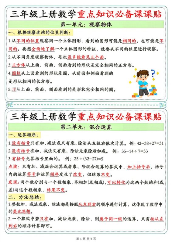 【6页完整版】26秋3年级数学上册《单元重点知识必备课课贴》人教(1).pdf-高考之家