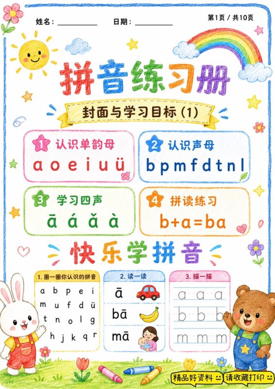【10页高彩版】幼小拼音练习册，零基础循序渐进拼读.pdf-高考之家