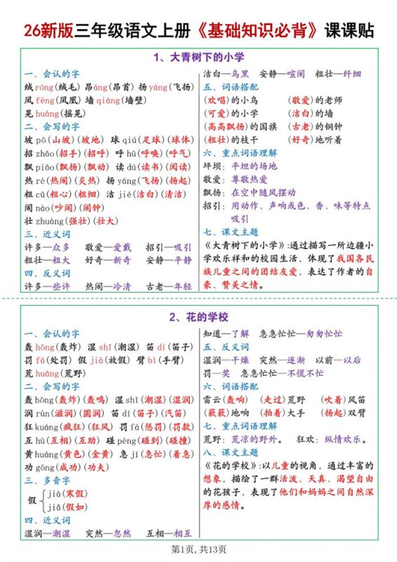 【13页完整版】26秋三年级语文上册《基础知识必背》课课贴.pdf-高考之家