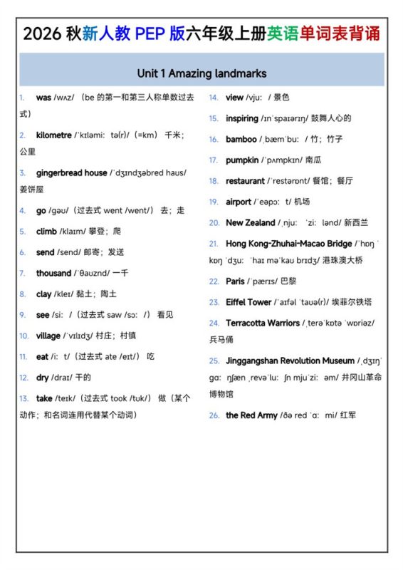 【6页完整版】26秋PEP人教版六年级上册英语单词背诵资料.pdf-高考之家